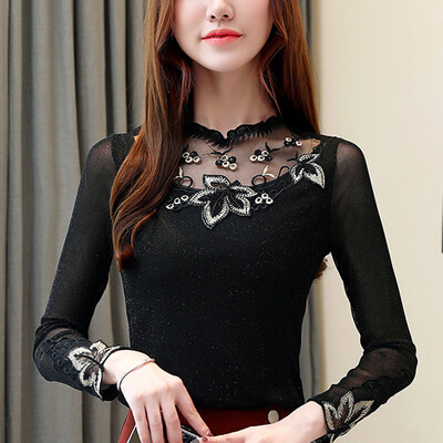 

Tailored Fashion Women Long Sleeve Elegant Lace Blouse Hollow Out Chiffon Shirt