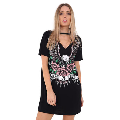 

2019 Summer New Live N Lovey Printed Hanging Neck T-shirt Dress V-neck Short-sleeved Wings Print Dress