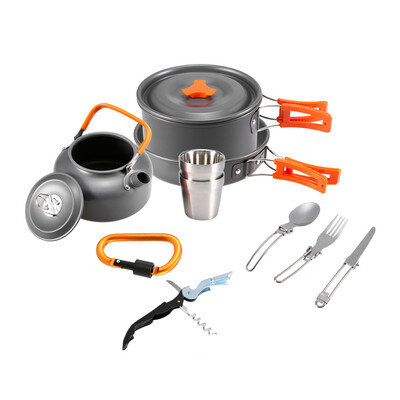 

Outdoor Camping Cookware 10 Piece Pot Pan Set Backpacking Cooking Picnic Camping Cookware Tableware Kit with Folding Spoon Fork Cu