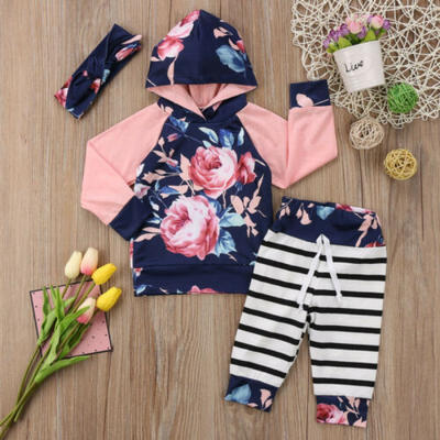 

UK 3PCS Toddler Newborn Baby Girl Flower Hooded T-shirt TopPants Outfit Clothes