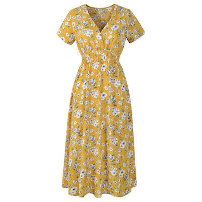 

Ladies Floral Dress Chiffon Beach Dress Print V-neck Short Sleeve Dress Bohemian Skirt