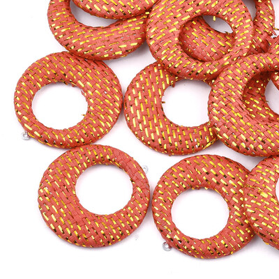 

Handmade Raffia Woven Pendants with Iron & Aluminum Findings&Metallic Cord Flat Round Platinum OrangeRed 435x405x5mm H