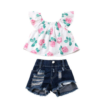 

Toddler Kid Baby Girl Clothes Off Shoulder Flower Tops Ripped Shorts Outfits