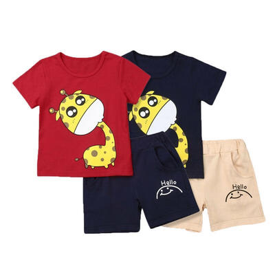 

Toddler Baby Boy 2 Piece Shorts Outfit Adorable Cartoon Giraffe Print Short Sleeve Red T-Shirt Shorts Set Summer Clothes Set 1