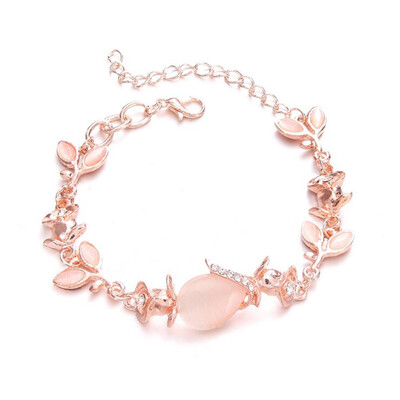 

Women\ Fashion Dazzling Cat\ Eye Stone Leaf Rose Gold Bracelet