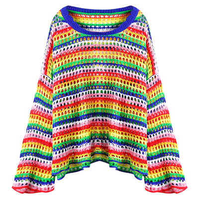 

Round Collar Long Sleeve Hollow Out Colorful Stripe Loose Women Sweater
