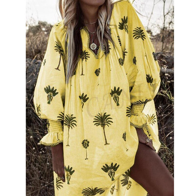 

New Women Long Sleeve Boho Print Party Casual Cotton Kaftan Maxi Long Dress