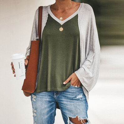 

Nomeni Womens Casual V-Neck Long Sleeve Patchwork Loose Ladies Tops T-Shirt Blouse