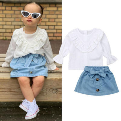 

US Toddler Kids Baby Girl Clothes Long Sleeve Ruffle TopsDenim Dress Outfit Set