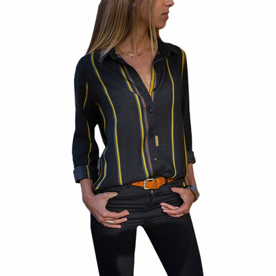 

Suit collar single-breasted long-sleeved vertical stripes casual modern blouse top