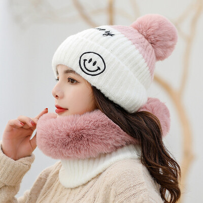 

2019 AutumnWinter Ladies Color Knitted Hairline Hat Neck Set Smiley Letter Warm Sleeve Head Ear Hat