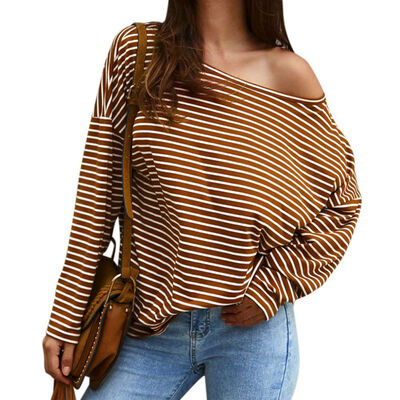 

Sexy Women Autumn Tops Striped Off Shoulder Concise Stylish T-Shirt Long Sleeve Loose Round Collar T-shirts