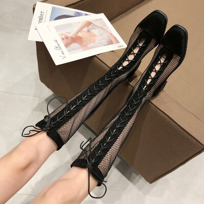 

Mesh lace-up boots military boots cool boots mesh hollow high boots&knee boots medium heel thick Roman sandals women