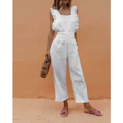 

Womens Square-cut Collar Lace Binding Sleeveless Ruffle Jumpsuit Wide Leg Romper