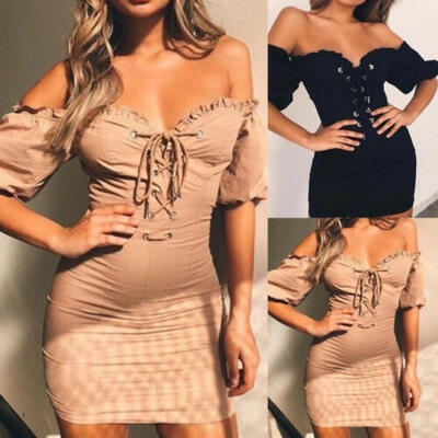 

Women Summer Off Shoulder Sundress Short Sleeve Boho Mini Short Dress Party