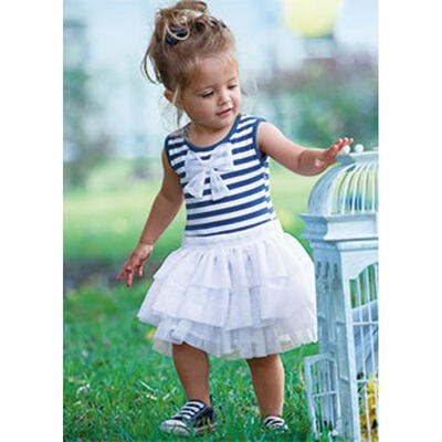 

Fashion Girls Stripe Bow Skirt Tutu Bubble Dress Kids Sleeveless Striped Bow Princess Skirt Pleated Party Dress