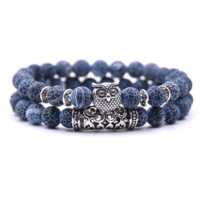 

18 Colors 2PcsSet Owl Lava Stone Bracelet Set Tiger Eye Stone Charm Bracelets Bangles