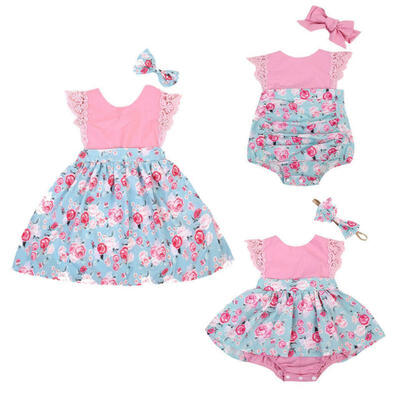 

Baby Girls Kids 2Pcs Outfit Set Floral Princess Dress Lace Romper Skirt Headband