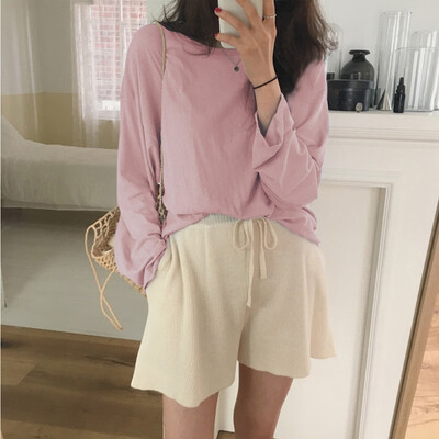 

Autumn Winter New Casual Loose Multicolor Solid Color T-shirt Long-Sleeved Clothes Women