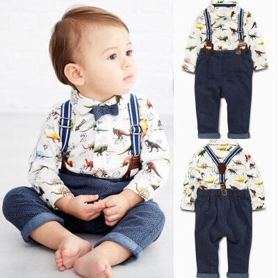 

Gentleman Kids Baby Boys Long Sleeve Dinosaur Shirt TopsBracesPants Clothes 2pcs Outfit Set