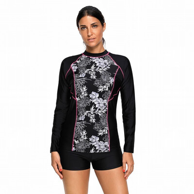 

High-neck long-sleeved printed surf diving split swimsuit