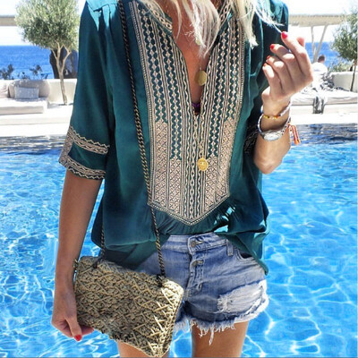 

Women Bohemian V-neck Sexy Half Sleeve T-shirt Loose Casual Striped Print Blouse