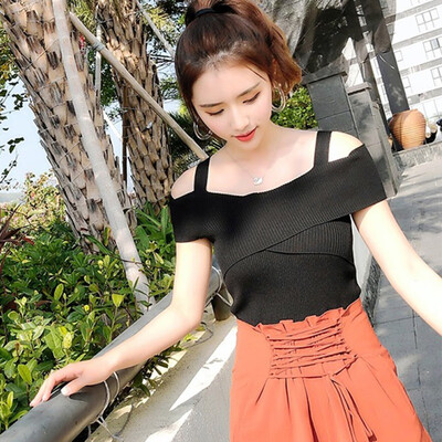 

Women Sexy Solid V Neck Sling Knitting T Shirt Cross Wrap Design Top Female Off Shoulder Slim T Shirt Women Tops