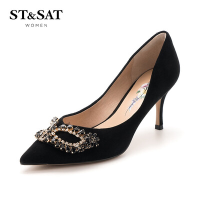 

Saturday ST & SAT suede sheep leather fashion shallow mouth elegant buckle high heel shoes SS91111209 black 35