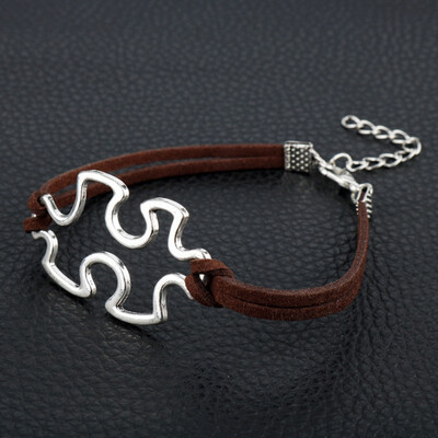 

Punk Antique Silver Jigsaw Autism Awareness Charms Jewelry Men Leather Puzzle Bracelets Best Gift
