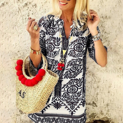 

Starmoon Womens Casual V-Neck Ethnic Print Half Sleeve Boho Dress Loose Mini Dresses