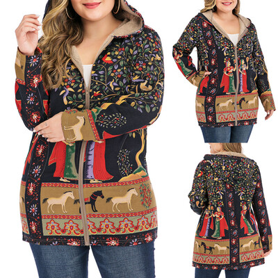 

Tailored Womens Winter Warm Outwear Print Hooded Pockets Vintage Oversize Hasp Coats
