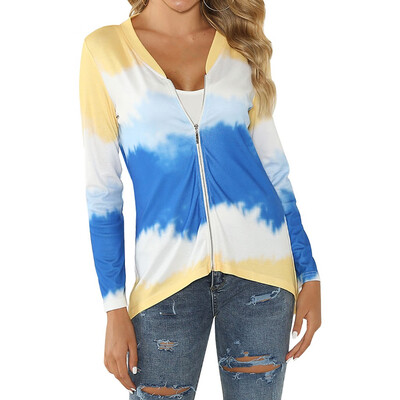 

Toponeto Women Casual V-Neck Zipper Patchwork long Sleeve Tops Coat