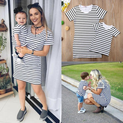

Ladys Mother Daughter Matching Dresses Summer Girl Striped Dress Clothes Outfit