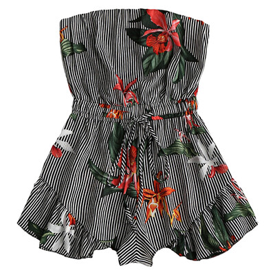 

Strapless Backless Vertical Stripe Floral Print Belted Women Romper