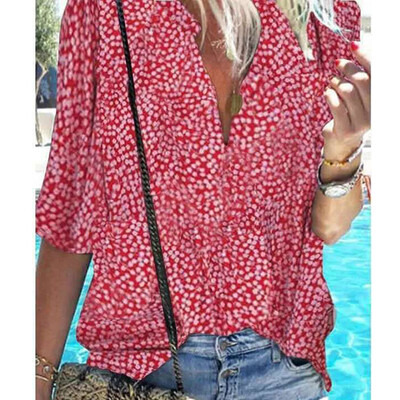 

Autumn Womens Casual Loose Fit V-neck Short Sleeve Printed Beach Tops T-shirts