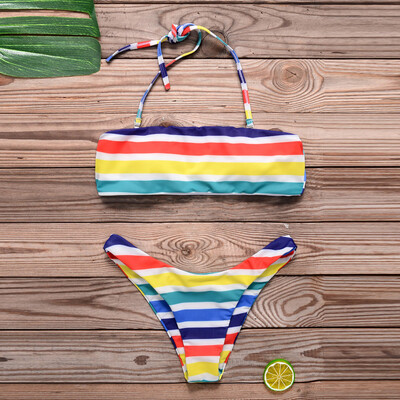 

Roseonmyhand Womens Sexy Bikini Rainbow Bathing Hanging Neck Swimsuit Bra Swimwear