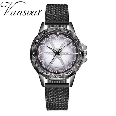 

RM vansvar Womens Casual Quartz Plastic Leather Band Lucky Flower Rhinestone Watch