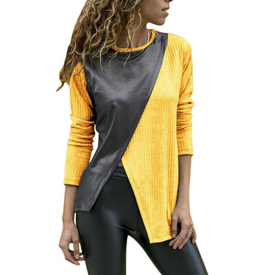 

Women Long Sleeve Patchwork T-Shirt O-Neck Slim Fit Warm Autumn Spring Color Block Basic T-Shirts Tops