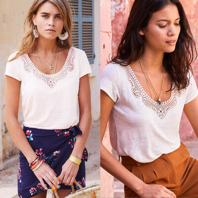

Nomeni Fashion Women Casual Solid Tops O-Neck Lace Hollow Out Short Sleeve T-Shirt