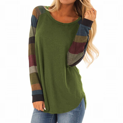 

Round neck long sleeve color block stitching womens T-shirt womens shirt
