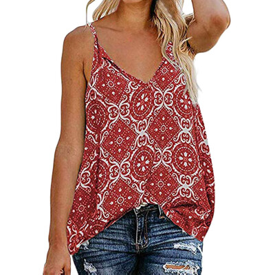 

Starmoon Women Sling V Neck Sleeveless Strap Print Down Front Casual Loose Shirts Tops