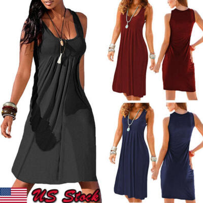 

US Womens Summer Cotton Vest Sleeveless Sundress Beach Loose Dress Tank Top Size