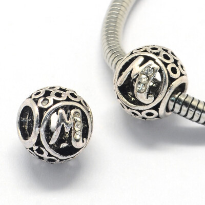

Alloy Rhinestone European Beads Letter Style Large Hole Rondelle Beads Antique Silver LetterM 11x95mm Hole 45mm