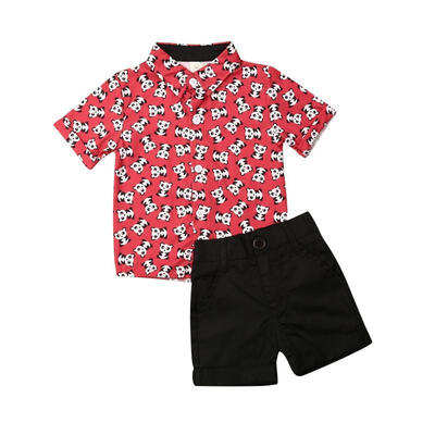 

Handsome Toddler Kids Baby Boy Animals Outfits Pandas Print Shirts Tops Red Black Shorts Pants Clothes 2Pcs
