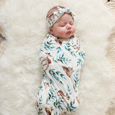 

Newborn Baby Swaddle Blanket Sleeping Swaddle Muslin Fawn WrapHeadband