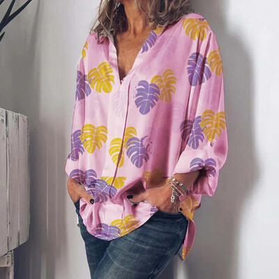 

Tailored Women Fashion V-Neck Leaf Print Long Sleeve Loose Casual Tops Shirt Blouse