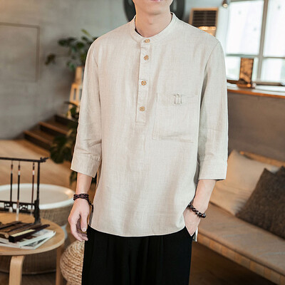 

Tailored Mens Spring And Autumn Loose Fashion Casual Daily Solid Color 9-sleeve Shirt Top