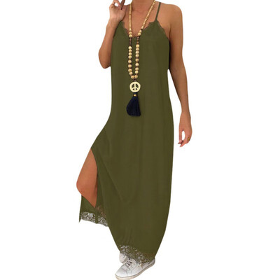 

Women Summer V Collar Sexy Open Back Slim Lace Loose Casual High Waist Solid Color Sling Dress