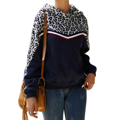 

New Arrival Women Hoodie Leopard Print Stitching Long Sleeve Loose Hooded Sweatshirt Pullover Hoodie Women Casual Tops