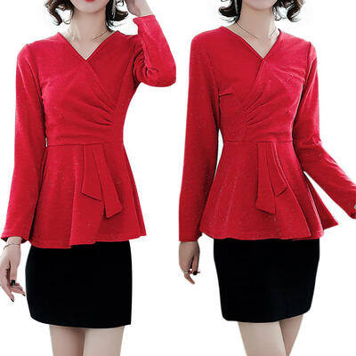

Fashion Women Long Sleeve V Neck Tunic Solid Slim Ruffles Tops Plus Size